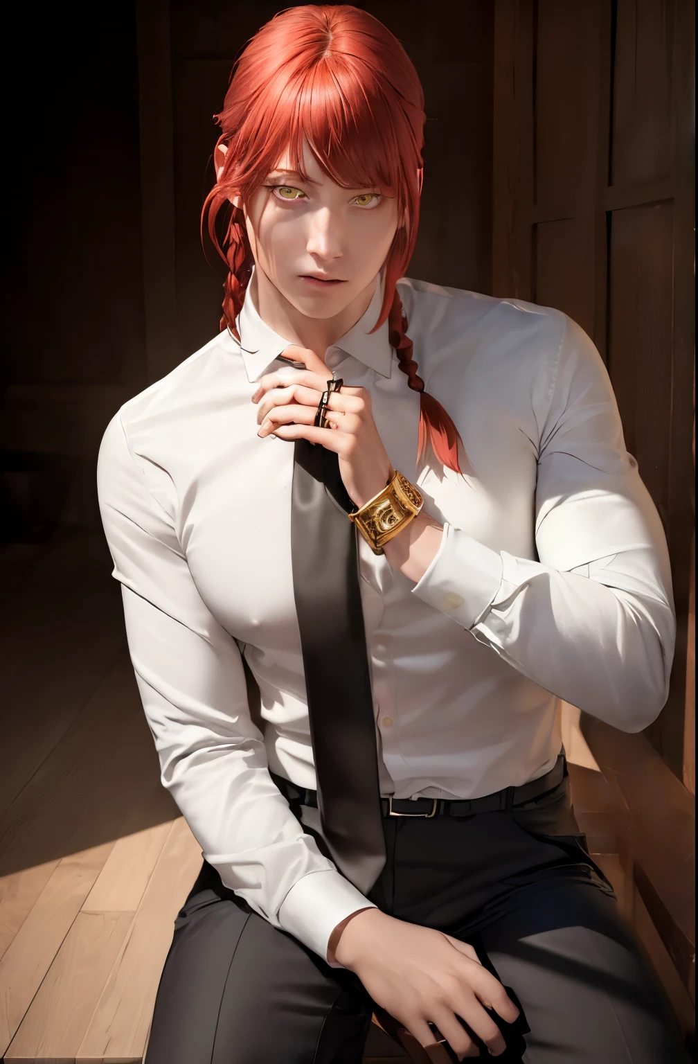 masterpiece, (Photorealistic:1.4), Best quality, beautiful lighting,
(Oljan-6500:0.5), Hands \(man with chainsaw\), (Red hair)+(long braided hair)+(bang), Yellow eyes, golden eyes, ((eyes with rings)), (White shirt), (tie),
RAW photo, 8k UHD, granularity,is sitting