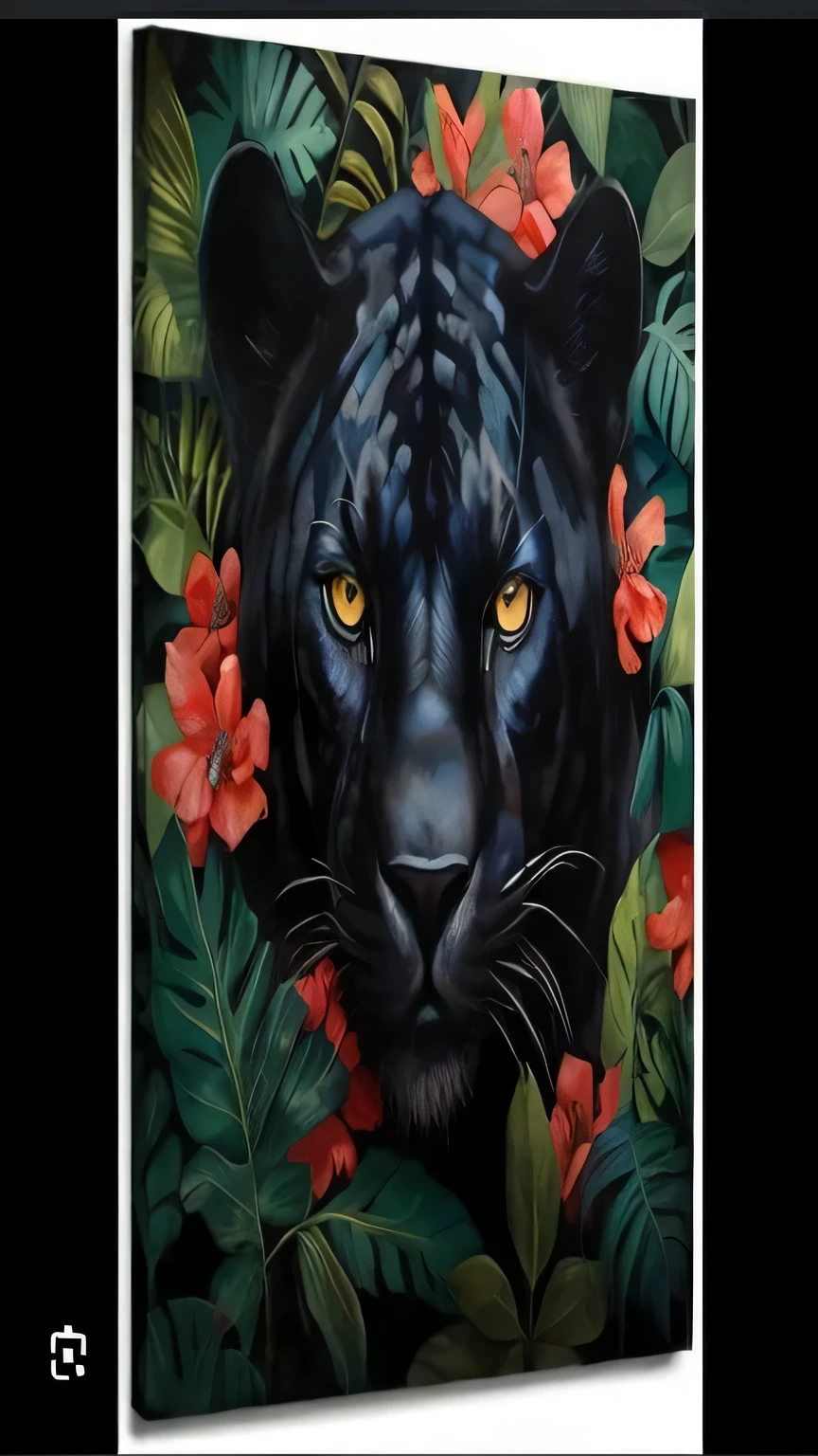 a painting of a black Pantera surrounded by flowers and leaves, Pantera, ✏️🎨, a leoa negra lisa, manchado ultra realista, The smooth black jaguar, 8k highly detailed ❤️‍🔥 🔥 💀 🤖 🚀, belos animais detalhados, pintura de animais, pintura deslumbrante, pintura altamente detalhada, por Bernat Sanjuan, hiper-realismo de fundo preto, amazing painting