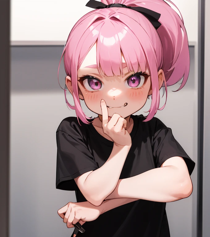((little girl)), ((10 years old)), black t-shirt, pink hair, curtain bangs, ponytail, holding a knife, cutesy face, cutesy pose, smug.