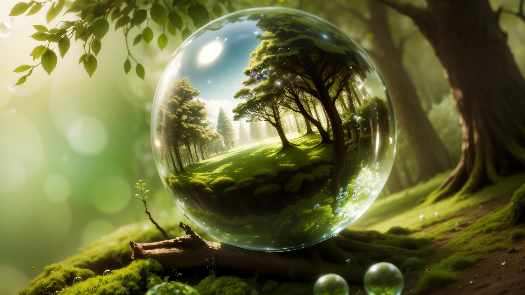 arafed glass beads with a tree inside sitting on a mossy surface, Tree of life in a ball, Glass sphere, glass beads, Glass sphereの内側, Floating Agricultural Sphere, photo shoot, Tilt shift glass background, Beautiful landscape bokeh, crystal ball, magical forest background, nature background, green world, all the beauty of nature, bokeh forest background
