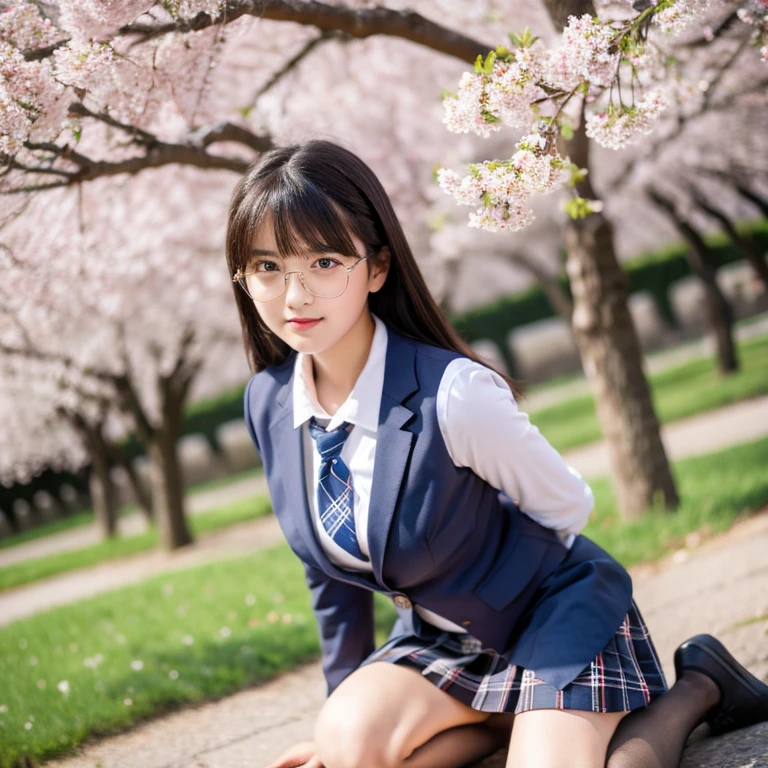 (masterpiece, highest quality, High resolution,8K), Beautiful Japanese student, weses, beautiful black hair, wear glasses, Traditional ,(navy blue blazer,white collared shirt, dark red bow tie, Grey plaid pleated skirt, White short socks, black loafers), big breasts, cleavage, Rows of cherry blossom trees in full bloom, Photographed at the best angle