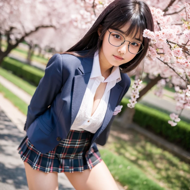 (((Navy high ,school tie, sheath skirt suit)))、high school girl、Japanese,18yo,See-through shirt with see-through bra、(masterpiece:1.4), (best quality:1.4) ,8K,cinematic lighting,((best quality)), (masterpiece) , (realistic shadow) ,(intricate details:1.4),  detailed eyes、Spring outdoor、perfect anatomy body proportions ,hdd 、Small panties、Small panties、Pubic hair can be seen through the lace of the panties、(camel toe),(((Underwear is white, white lace material underwear..)))、(((See all panties)))、(((I must be wearing a skirt)))、(((Lift up the hem of the skirt)))、sit in triangle，Thighs slightly inwards、Natural light is too bright、rays of sunshine、Detailed lace panty pattern、(((When standing, She lifts up her skirt to show her underwear to the camera.)))、(((Beautiful arrangement and snow-white teeth)))、(((Lift the skirt bigger and bigger、Show your panties to the camera)))、Companies are the most popular、The most beautiful staff、Ultra-thin body、Slim model、beautiful postures,Black wavy mideum pixie hair,Her eyes sparkled.、shiny lip, BREAK Black-colored ultra-thin knee highsocks、((wind effect:1.5)), ((blue sky)), ((cherry blossom:1.4)), high res,8k raw photo,photorealistic,Glasses,focus background, (falling cherry-blossoms:1.3),
