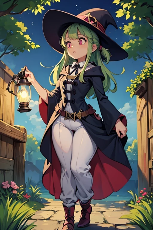 a light green haired female witch with pink eyes with an hourglass figure wearing a Victorian dress is watering magical pants