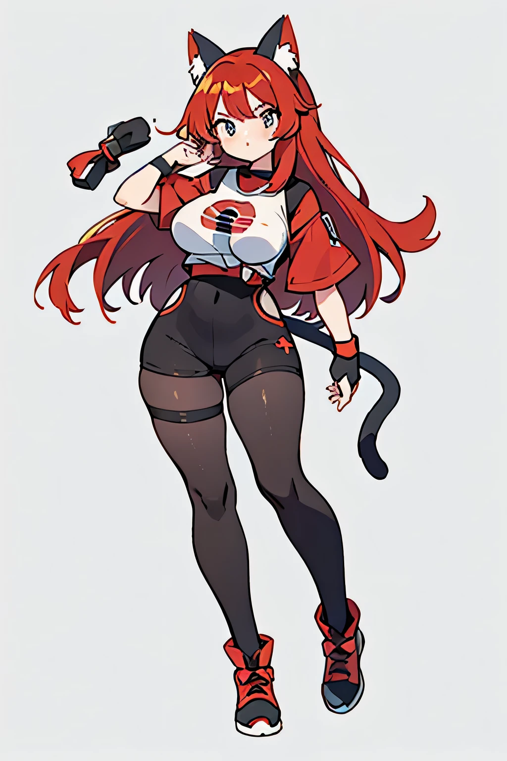 Human Gaogaen Pokemon; big breasts;full body;Costumes inspired by Gaogaen Pokemon;wrestling;female;black eye;Red hair;No background;background white;Cat ear;thick thighs;black tights