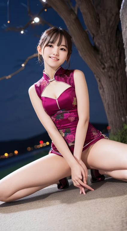 table top, highest quality, 8K, 10 years old, teen, Raw photo, absurd, award-winning portraits, smile, alone, (night:1.8), idol face, violaces, delicate girl, Upper body, Digital single-lens reflex camera, looking at the viewer, Frank, Sophisticated,thin arms, professional lighting, film grain, chromatic aberration, (Eye and face details:1.0), (Bokeh:1.1) , (qipao dress:1.1) , close your mouth、((No panties:1.5))、((spread legs:1.5))、((Low - Angle:1.5))、