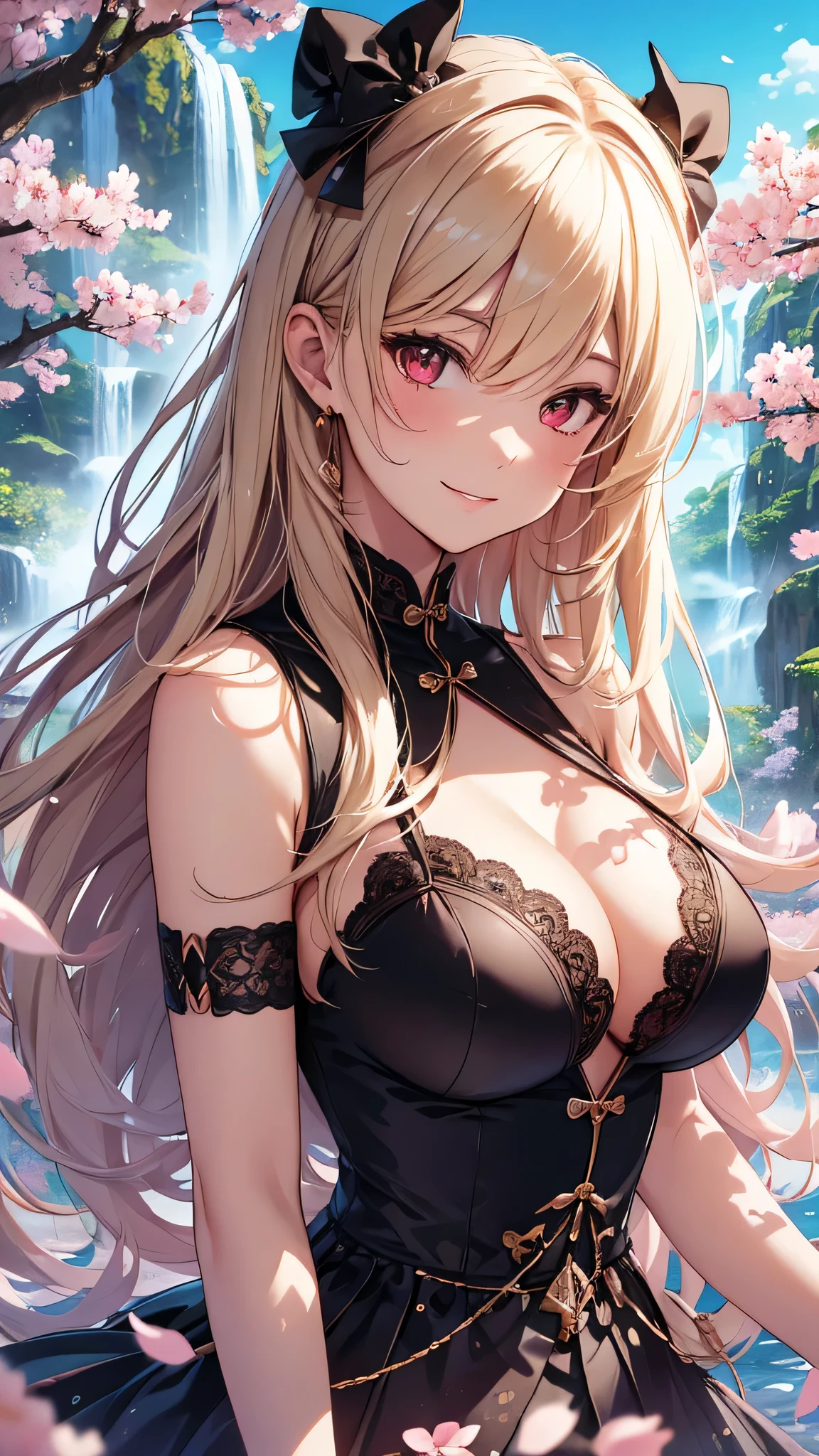 最high quality、best image quality、masterpiece、girl((18-year-old、 By becoming、vest bust、medium bust,wide open breast tea、red glowing eyes, blonde、messy hair、long hair、thin,highest valley、Show the whole body、black cheongsam、open chest、black wristband、red high heels、sexy、smile、Leaning forward)),high quality、beautiful art、background((Bright Town、waterfall、cherry blossoms、beautiful blue sky))、Flight、debris flies、Depth of written boundary、movie、visual art、perfect art、8K,genuine、