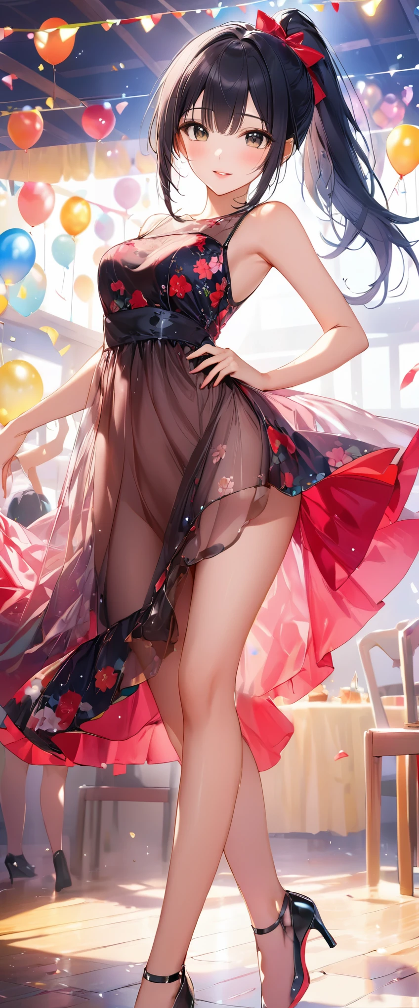 (masterpiece,highest quality,超A high resolution),japanese woman, (((Very beautiful 25 year old girl))), pretty girl、look at the photographer、 ((beautiful low ponytail)), super cute face, glossy lips, double eyelids in both eyes,natural smile、 natural makeup, long eyelashes, Shiny and smooth hair、, perfect limbs, perfect anatomy,(((party dress))、party venue,Pose with movement,black hair,See-through
