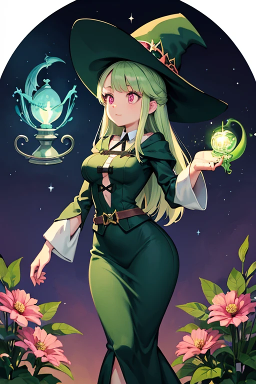 a light green haired female witch with pink eyes with an hourglass figure wearing a Victorian dress is holding a glowing flower