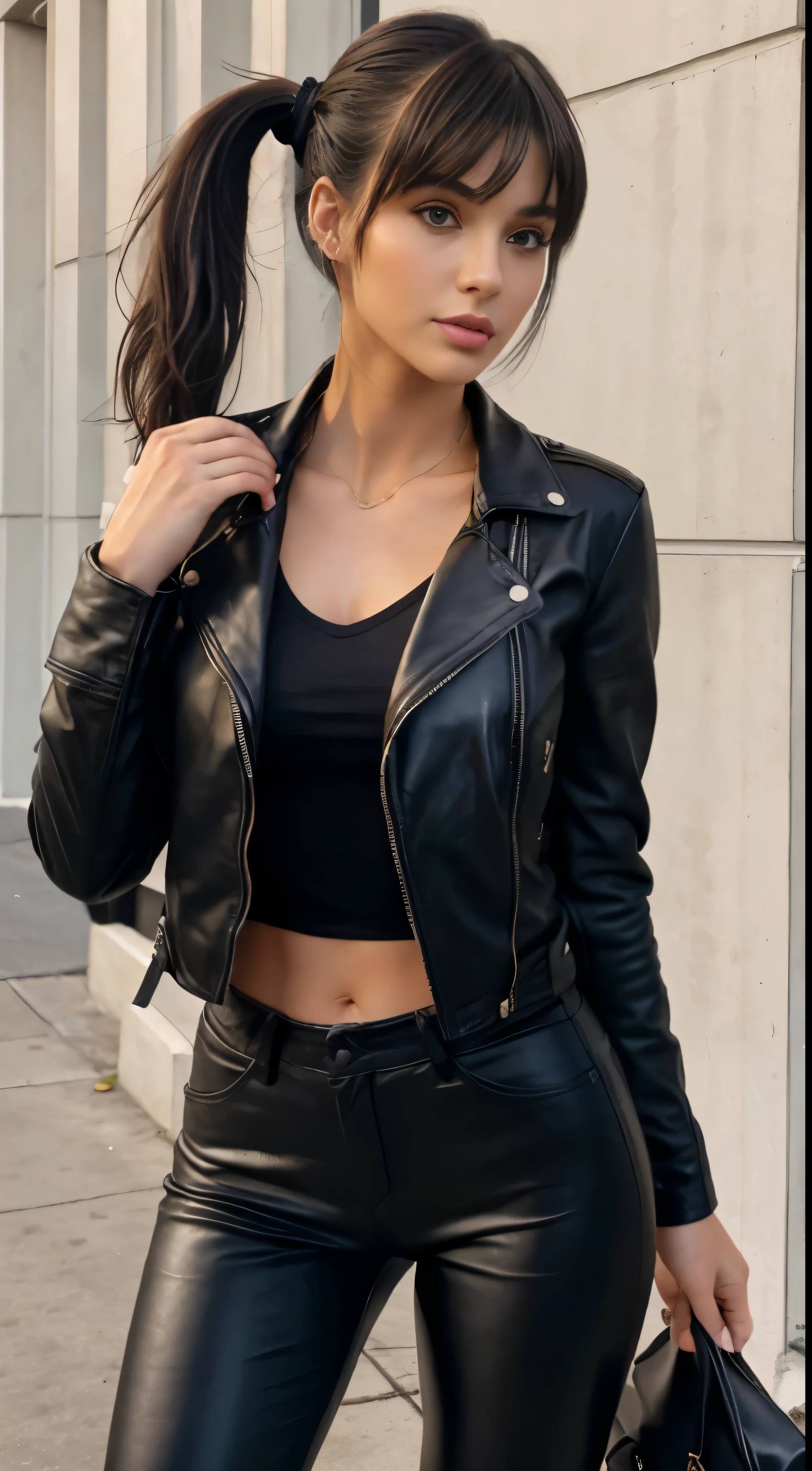 Realism, a 25 year old girl, Pelo oscuro, una cola de caballo en la cabeza, flequillo cayendo, rostro, hermoso peinado, maquillaje ligero, Vestida con una chaqueta de cuero, dressed in leather pants, hermosos zapatos --ar 2:3 50 --estilo crudo --s 2