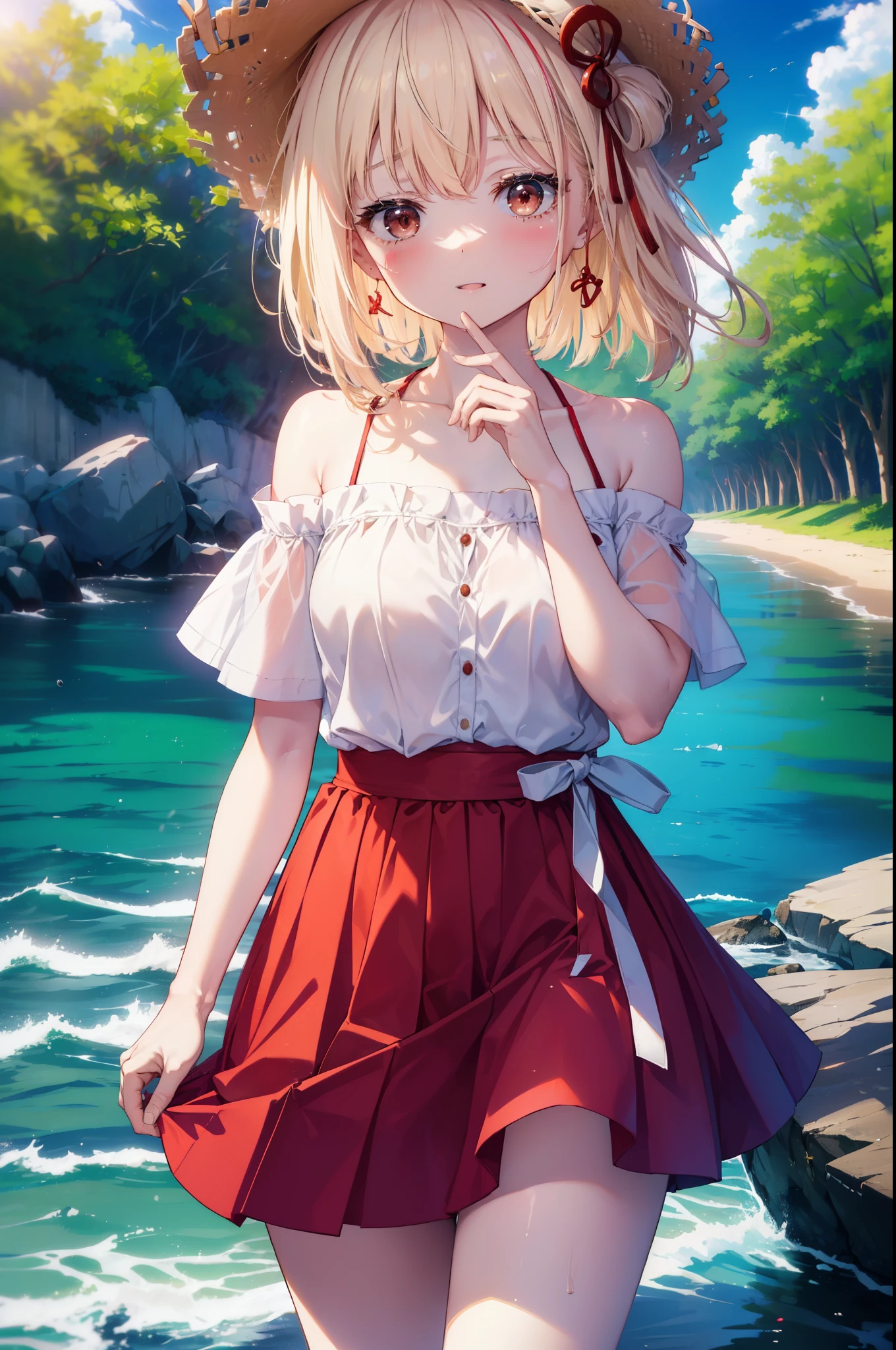 chisatonishikigi, nishikigi chisato,long hair , bangs, blonde hair, (red eyes:1.5), happy smile, smile, open your mouth,big straw hat,off shoulder dress,long skirt,naked neck,bare shoulders,bare clavicle,Grab the skirt with both hands and lift it up,barefoot,beachの砂浜を散歩しながら,風になびくblonde hair, real summer,Light of the sun,
break outdoors,beach ,
break looking at viewer,whole body (cowboy shot:1.5),
break (masterpiece:1.2), highest quality, High resolution, unity 8k wallpaper, (shape:0.8), (fine and beautiful eyes:1.6), highly detailed face, perfect lighting, Very detailed CG, (perfect hands, perfect anatomy),