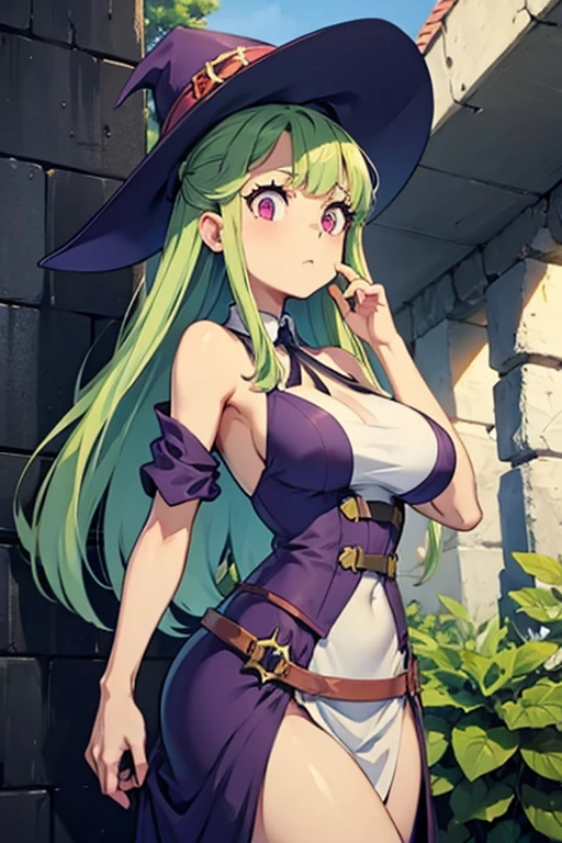 a light green haired female witch with pink eyes with an hourglass figure wearing a Victorian dress is practicing Earth magic in the early morning sun