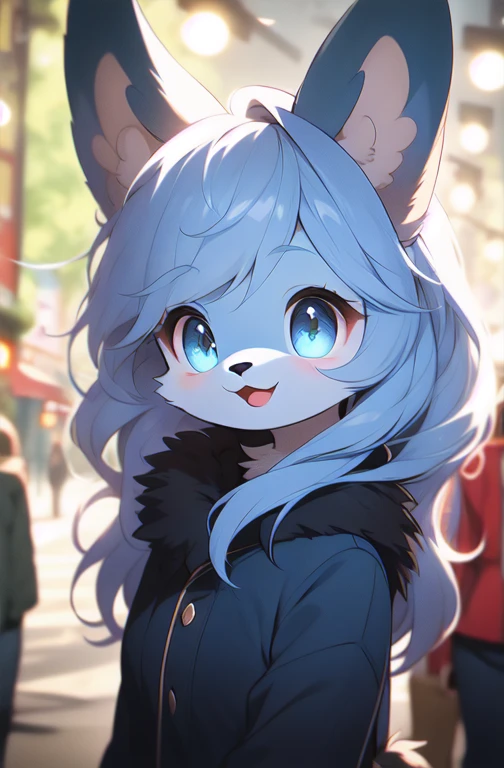 Furry, navy blue fur, super cute face, red elements on fur, beautiful lights and shadows, ambient light, super fine fur, volumetric light