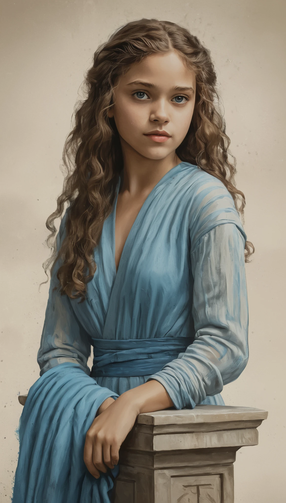 An illustrated movie poster, hand-drawn, full color, a young girl, wearing a chiton, resembles Mathilde Lando, warm brown complexion, azure blue eyes, dark hair, long loose curls, waist-length hair, posing on a pedestal, hard shadows, graphite shading, stencil marks, airbrushed acrylic paint, masterpiece, in the style of Game of Thrones