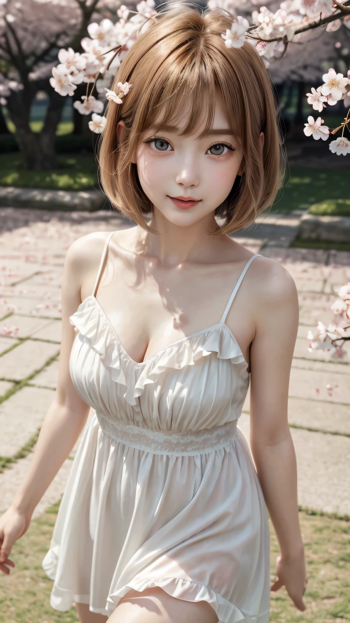 Beautiful white and shining skin、Chestnut hair that changes depending on the light、Long bangs between the eyes that obstruct the view、Cheek gloss highlights、Sexy and very beautiful nice gorgeous face、the most beautiful face in the world、small face beauty、golden ratio、full body shot、short hair、plump breasts、cleavage、slender、open your mouth a little、solo、natural soft light、Spring-like fashion、Chiffon frill flare dress、Cherry blossom trees、Dancing cherry blossom petals、