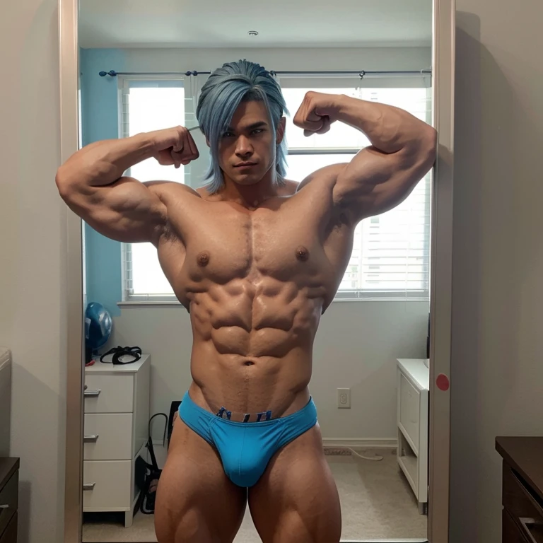 Male bodybuilder anime character in his 20s wearing blue bodybuilder thong with a mullet hairstyle with ash colored hair while flexing his muscles in a mirror in his room