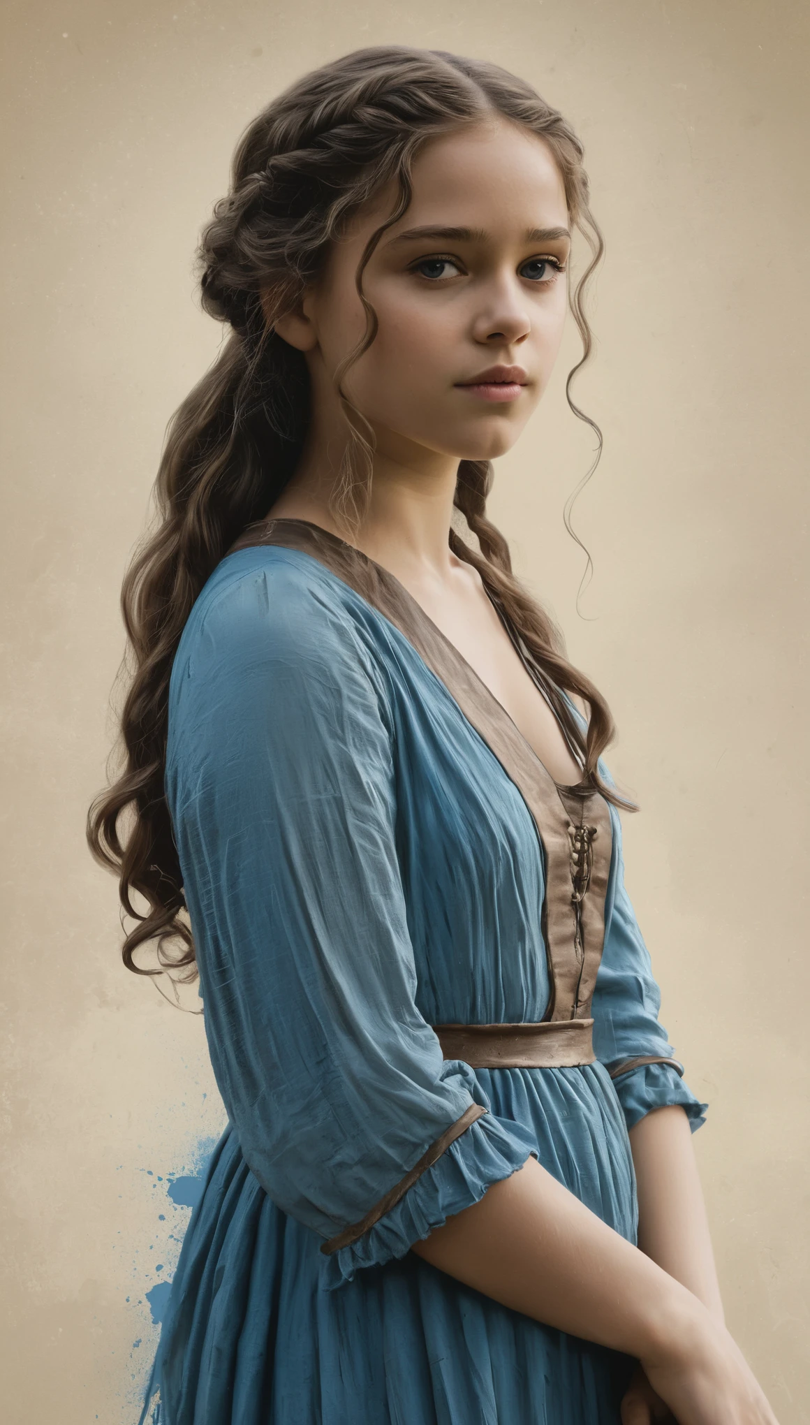 An illustrated movie poster, hand-drawn, full color, a young girl, wearing a chiton, resembles Mathilde Lando, warm brown complexion, azure blue eyes, ashy hair, long loose curls, waist-length hair, posing on a pedestal, hard shadows, graphite shading, stencil marks, airbrushed acrylic paint, masterpiece, in the style of Game of Thrones