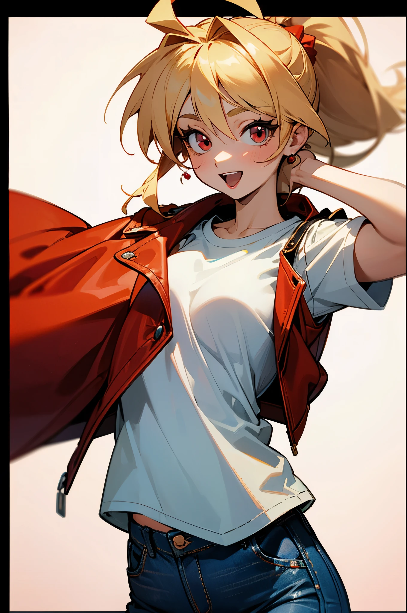  girl、blonde ponytail、Ahoge、big round red eyes、Beautiful woman、perfect style、white t-shirt、red leather rider jacket、blue jeans pants、very fun