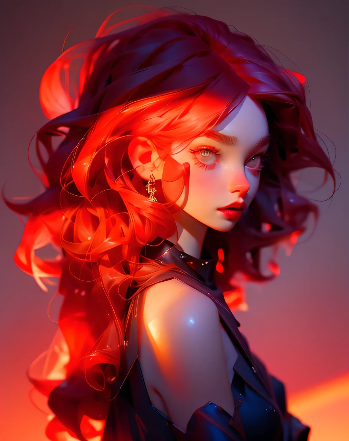 Beautiful girl, red hair, very piffy lips, dark lips, pose, looking away with her eyes, high quality, simple, light grey eyes, black top 