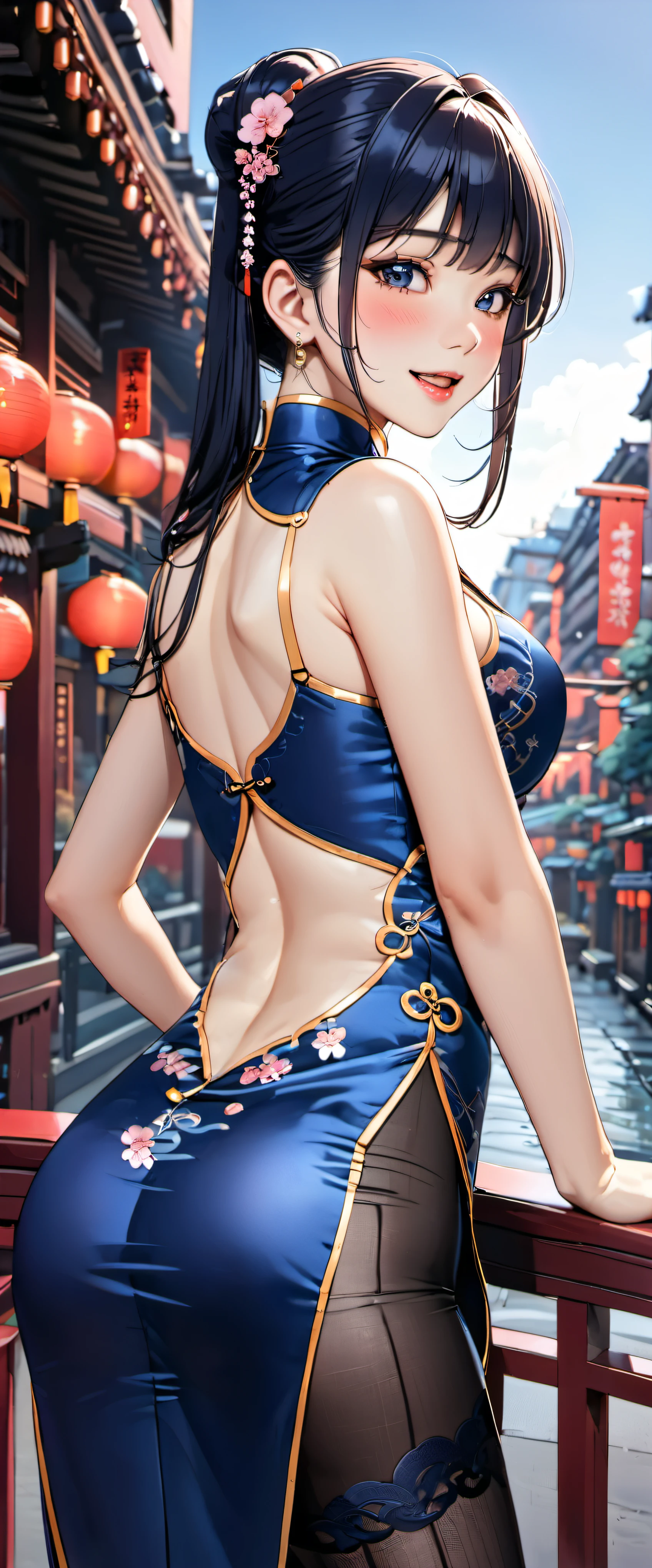 woman,20-year-old,city,(((Navy blue silk cheongsam))),,open mouth smile((black hair)),blush、,((turn around and look back))(stockings)Reflecting the buttocks,bra