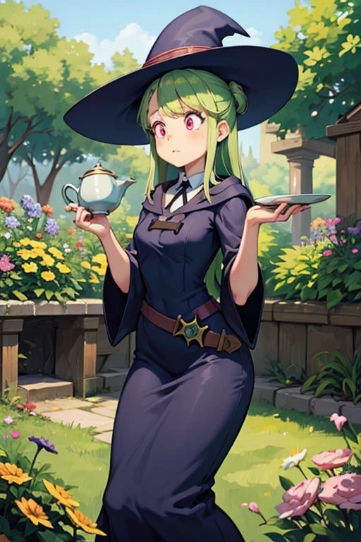 a light green haired female witch with pink eyes with an hourglass figure wearing a Victorian dress is drinking tea in a colorful garden