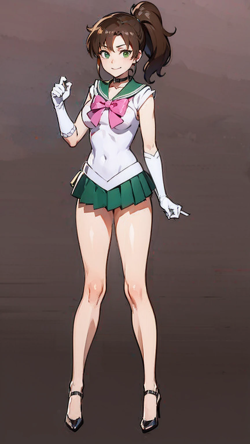 high detailed, best quality, masterpiece, sailor_jupiter, brown ponytail, green eyes, bow, elbow gloves, choker, circlet, green skirt, looking at viewer, smiling, medium shot, (microminiskirt)
standing, extreme detail, hdr, beautiful quality, (simple_background:1.4) BREAK
bow, pink, BREAK
gloves, white BREAK