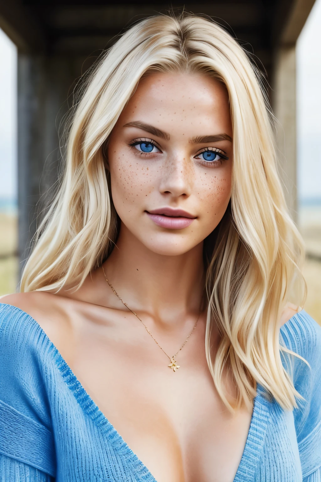 A blonde woman, age 21, solo, with long, golden locks flowing down her back, bare shoulders revealing a golden tan, captivating blue eyes that sparkle with intelligence, adorned with intricate jewelry, wearing a loose sweater off her shoulders, reveal her toned physique, exposing a hint of her midriff. The image is ultra-realistic, capturing every detail of her delicate features, from her freckles on the bridge of her nose to the strands of hair framing her face, creating a stunning and alluring portrait.