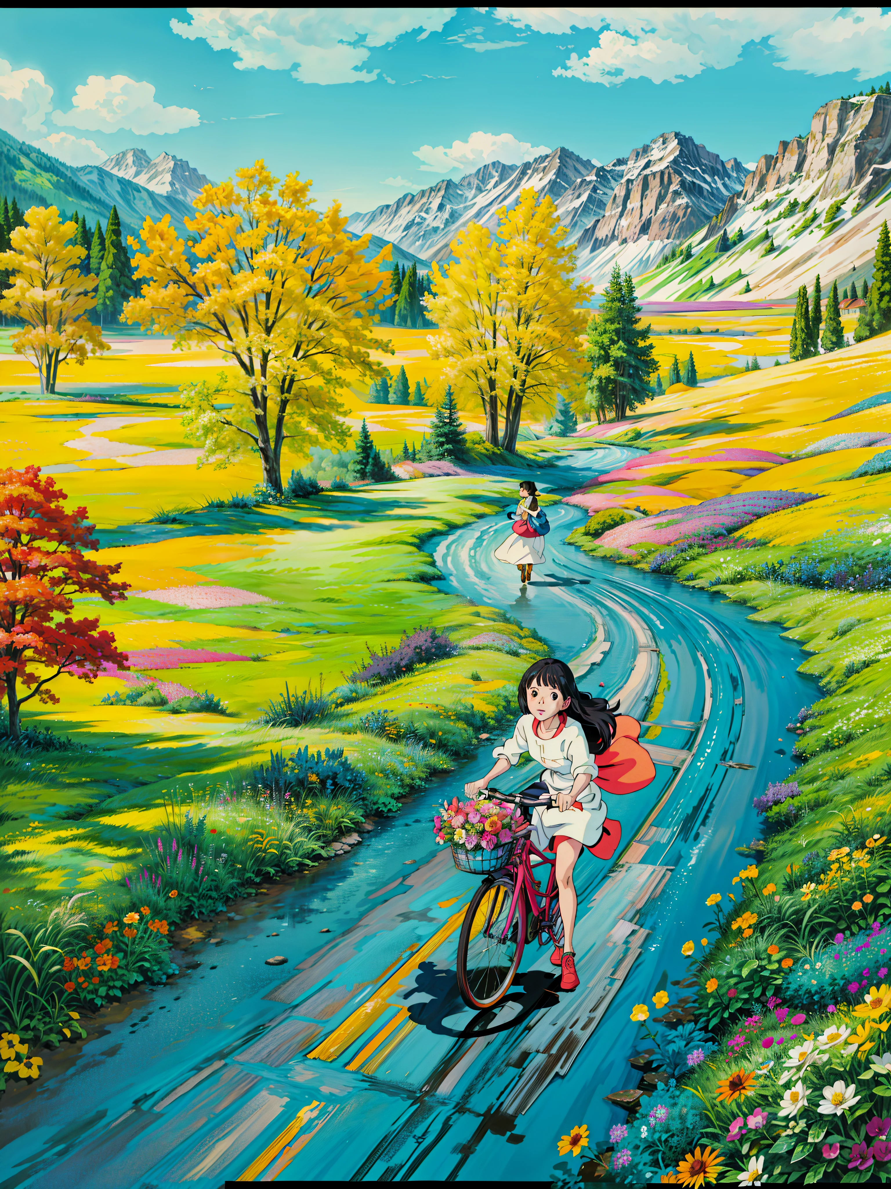 a painting of a woman riding a bike down a road, colorful landscape painting, vibrant gouache painting scenery, by Pamela Ascherson, ( colorful ), by Joanna Carrington, hiroo isono, colorful painting, by Bob Thompson, colorfull painting, girl walking in a flower field, girl walking in flower field, by Judy Cassab, by Sarah Gough Adamson,  4k hd,, beautiful art uhd 4 k, a beautiful artwork illustration, beautiful digital painting, highly detailed digital painting, beautiful digital artwork, detailed painting 4 k, very detailed digital painting, rich picturesque colors, gorgeous digital painting