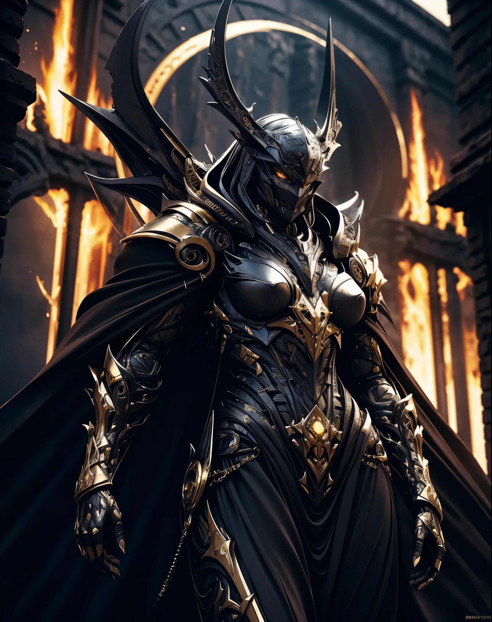 skyrim art, fantasy art, fantasy illustration, Beautiful woman,A powerful and fearsome dark knight, Vengeance Demon, Full-faced black helmet that hides the face, Holds the sword of judgment, gold decoration, Aura of Necromancy, hovering, perfect anatomy, approaching perfection, dynamic, very detailed, Smooth, sharp focus, intricate details, very detailed, Written by Greg Rutkowski, Mysterious, amazing, cinematic, digital art, 4k, Burning Eyes,hellish background