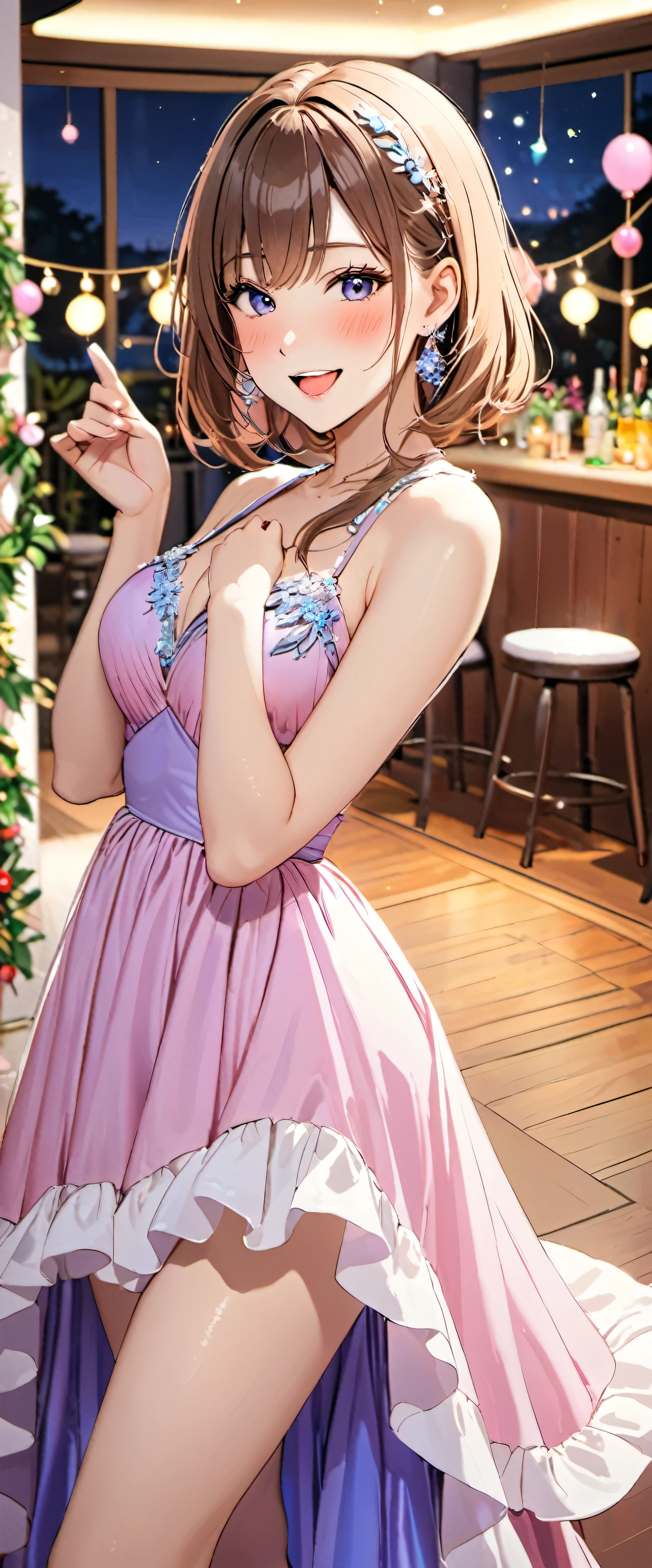 woman,20-year-old,,party venue,morning,(((sexy dress with decorations))),,open mouth smile((Pose with movement)),blush、,