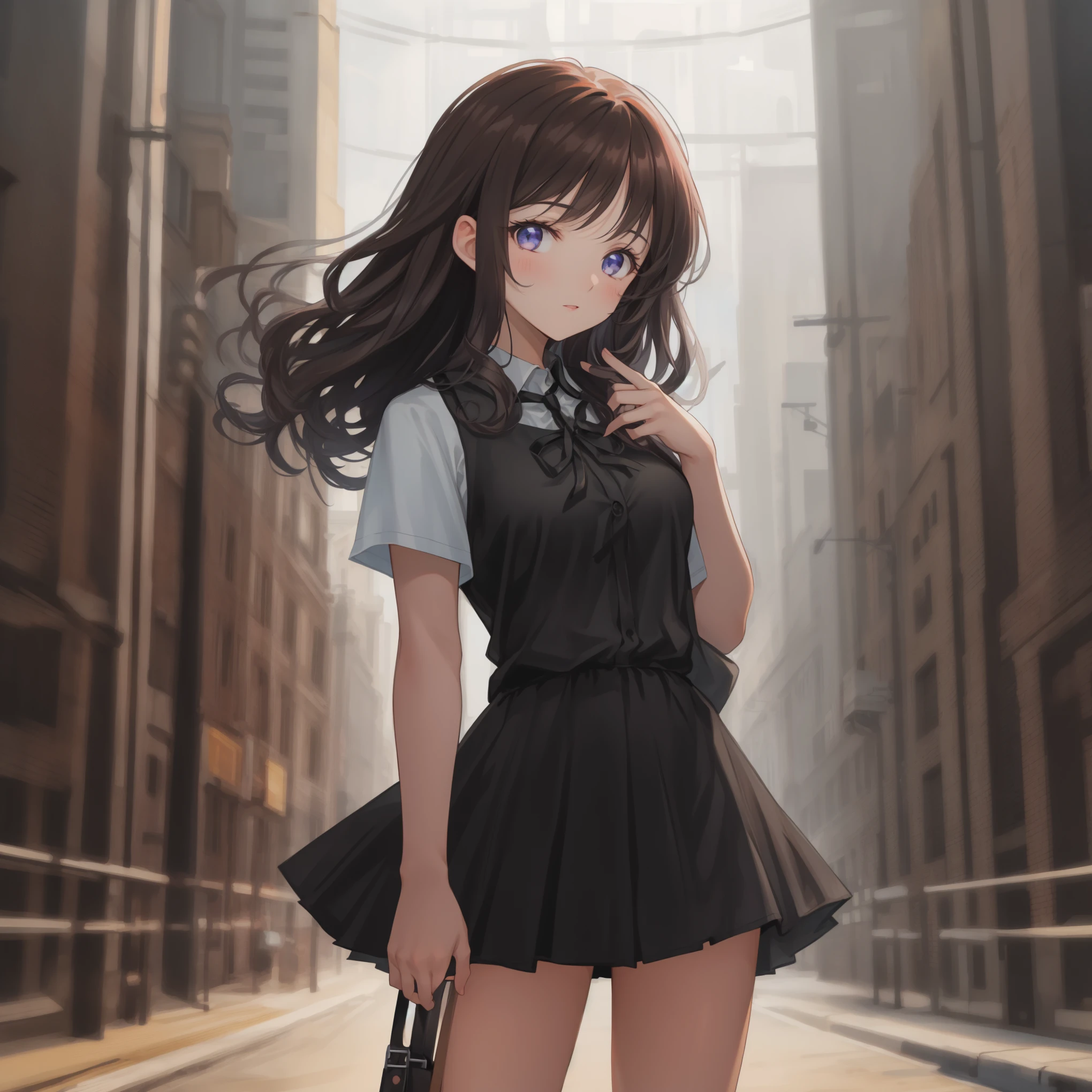 {{spiral curl dark brown hair}},{masterpiece,best quality illustration},{{From Front}},In town,BREAK,White and black shirt,black mini skirt,151cm,{{beautiful eye1:4}},high school girl,BREAK,five fingers,{{{spiral curl black hair}},beautiful medium size breasts 1:2,BREAK,{coarse hair black hair}},(Photoreal:1.4),{{beautiful eye1:4}},{{look far away}},