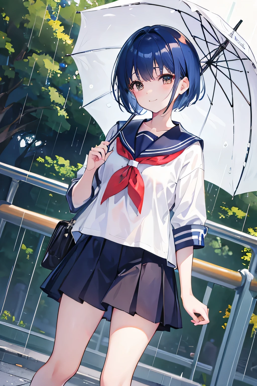 masterpiece, highest quality, High resolution, brown eyes、smile、high 、Commuting to school、rain、hold an umbrella、sailor suit、In town、Blissful expression、short hair,blue hair, white skin、thick legs、,embarrassing,