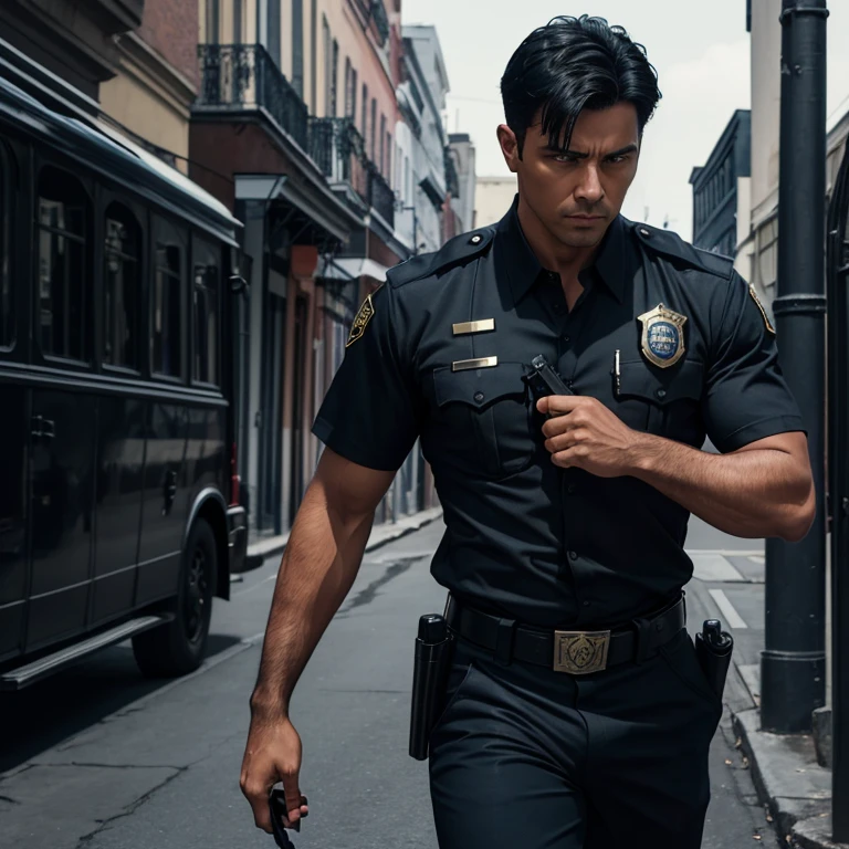 Man of 40 with black and dark blue police uniform dark blue pants black belt with a gun dark shirt with badge black hair color with Latin appearance looking straight ahead at viewer background of New Orleans 