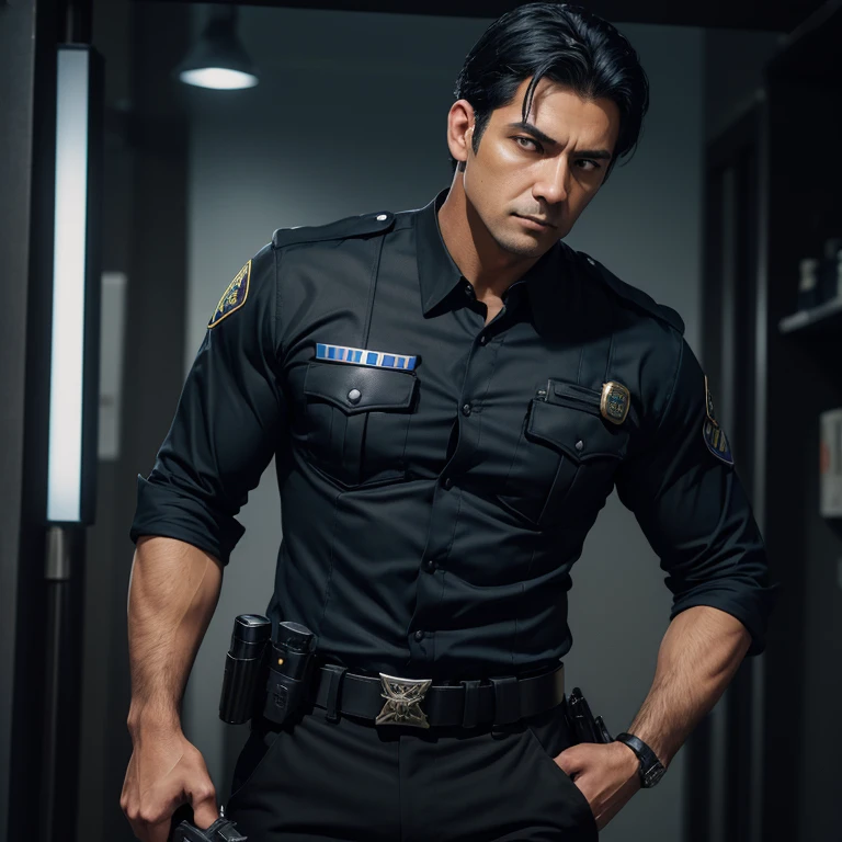 Man of 40 with black and dark blue police uniform dark blue pants black belt with a gun dark shirt with badge black hair color with Latin appearance looking straight ahead at viewer background of New Orleans