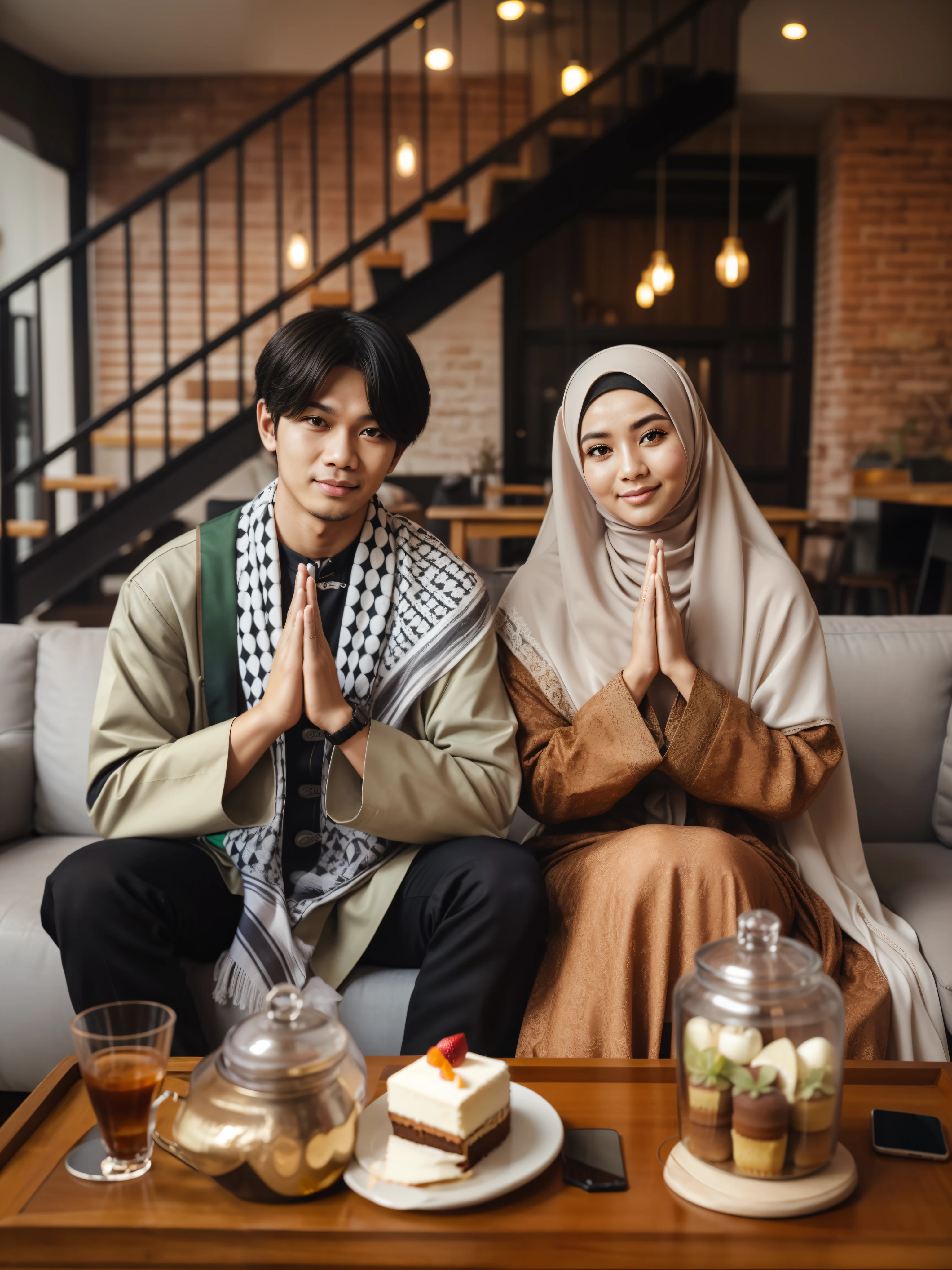there are two people sitting on a couch with a cake, portrait shot, shot on canon eos r5, shot on canon eos r 5, shot with canon eoa 6 d mark ii, taken with canon eos 5 d mark iv, taken with canon 5d mk4, couple pose, shot on sony a 7 iii, lovely couple, muslim, by Basuki Abdullah