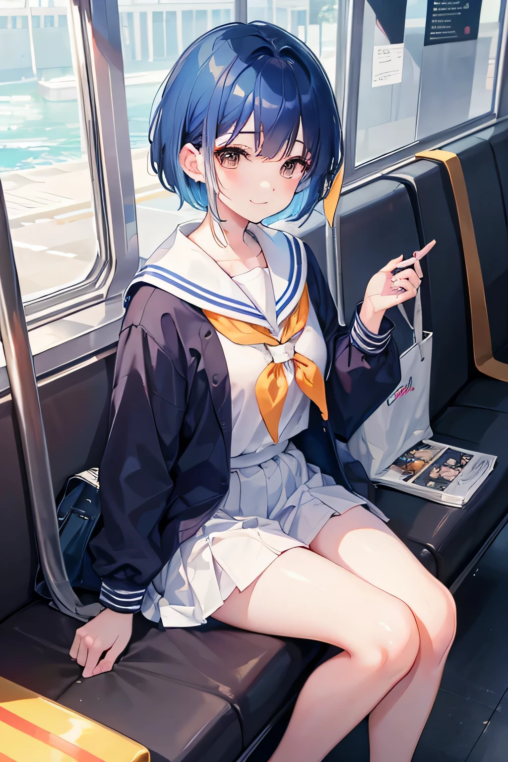 masterpiece, highest quality, High resolution, brown eyes、smile、high 、Commuting to school、bus stop、bus、sailor suit、In town、Blissful expression、short hair,blue hair, white skin、thick legs、,embarrassing,