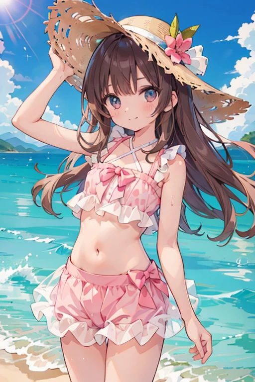 a girl standing in shallow ocean water under a clear blue sky. She has a sun-kissed complexion and long, light brown hair with soft waves cascading over her shoulders. She is wearing a two-piece swimsuit with a strap around the neck; the top is bandeau-style with a halter neck strap, featuring a coral pink color with white polka dots. The top has a sweetheart neckline, accentuated with a small frilly detail along the edge, and it is underwired, providing structure. The matching bottoms have a similar frilly detail along the waistline. Her posture is relaxed yet playful as she gently touches her midriff with both hands, and she offers a soft, engaging smile, her head tilted slightly to the side, adding a sense of approachability to her demeanor.