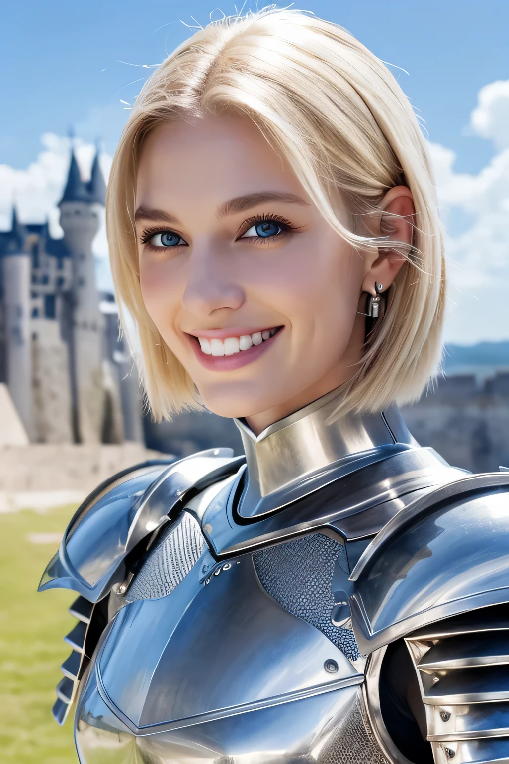 8K、highest quality、female knight、The background is a castle、Luxurious Silver Armor、heavy equipment、hairstyle short cut、smile、beautiful teeth、full body photo、ear piercing、blonde、white woman、blue eyes、The background is a cloudy sky、mouth open