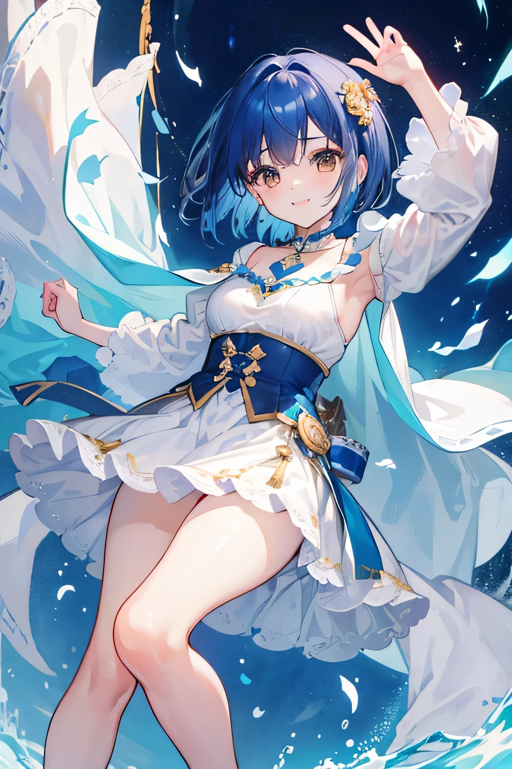 1girl, solo, Blue long hair, wearing blue mage robe, wearing white stockings, big ass, blue eyes, full body, beach background , pink lips, blush , tall, curvy, detailed, best quality, close up, full body