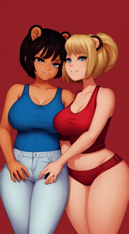 A striking illustration of two stunning half-human, half-bear hybrids standing close together. The blonde-haired, leaner woman wears a loose sleeveless tank top and short jeans, while the brunette, more voluptuous woman sports a similar outfit, but tighter fitting. Both sport short haircuts, and the same ample bust, with the blonde woman leaning towards the viewer to show its size. They both have noticeable bear ears, the same color as their hair, and a more human-like face. The background is the silhouette of a bear paw with just five fingers, allowing the viewer's focus to stay on the captivating duo,