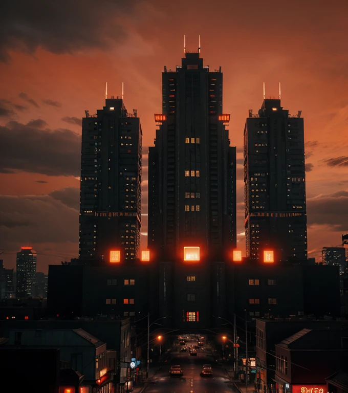 Dystopian future, city, black buildings, red lights, orange sky.