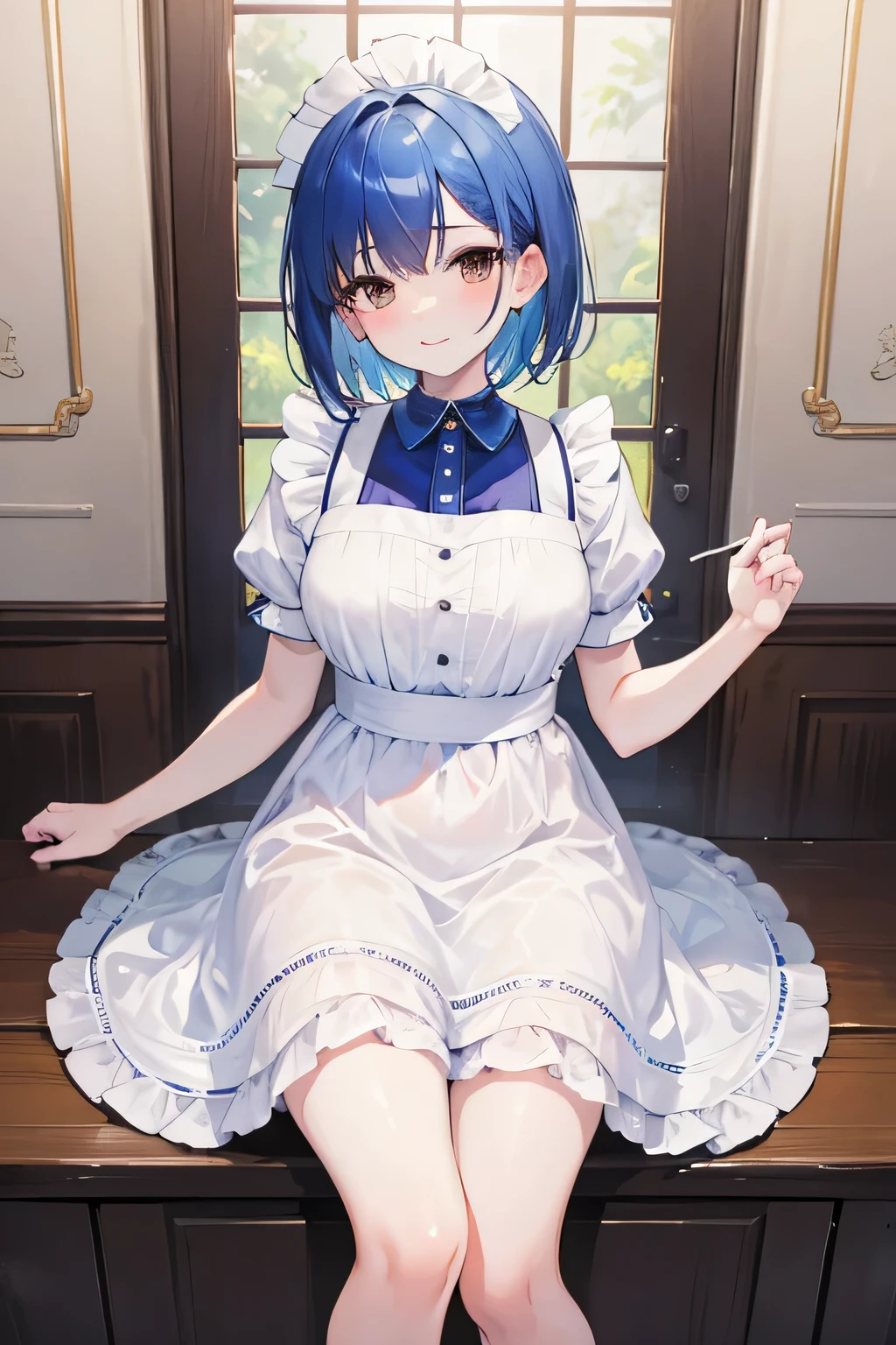 masterpiece, highest quality, High resolution, brown eyes、smile、Maid clothes、In town、Blissful expression、short hair,blue hair, white skin、thick legs、,embarrassing,