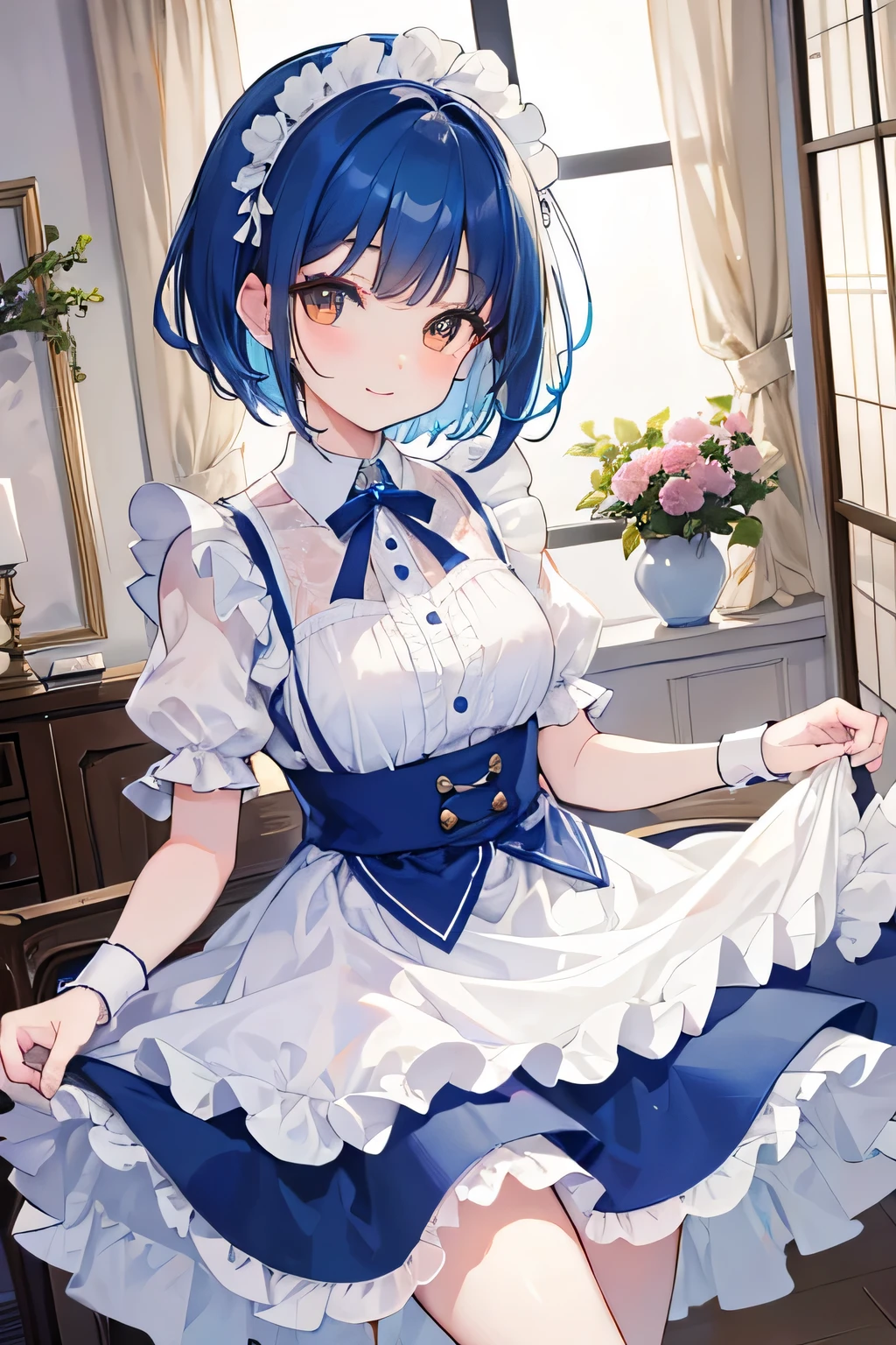 masterpiece, highest quality, High resolution, brown eyes、smile、Maid clothes、In town、Blissful expression、short hair,blue hair, white skin、thick legs、,embarrassing,