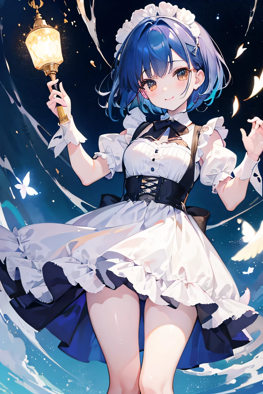 masterpiece, highest quality, High resolution, brown eyes、smile、Maid clothes、In town、Blissful expression、short hair,blue hair, white skin、thick legs、,embarrassing,