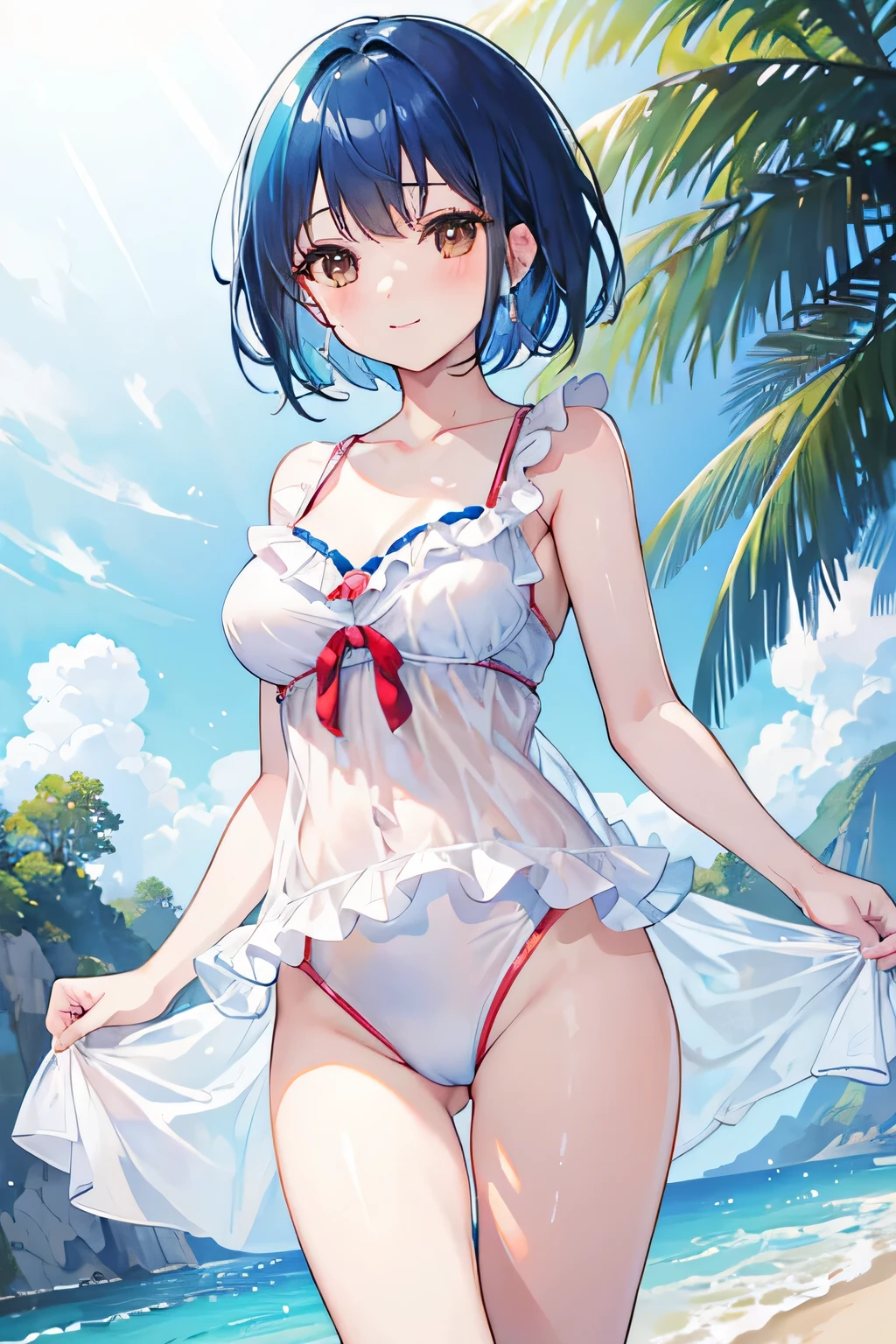 masterpiece, highest quality, High resolution, brown eyes、smile、swimsuit、In town、Blissful expression、short hair,blue hair, white skin、thick legs、,embarrassing,
