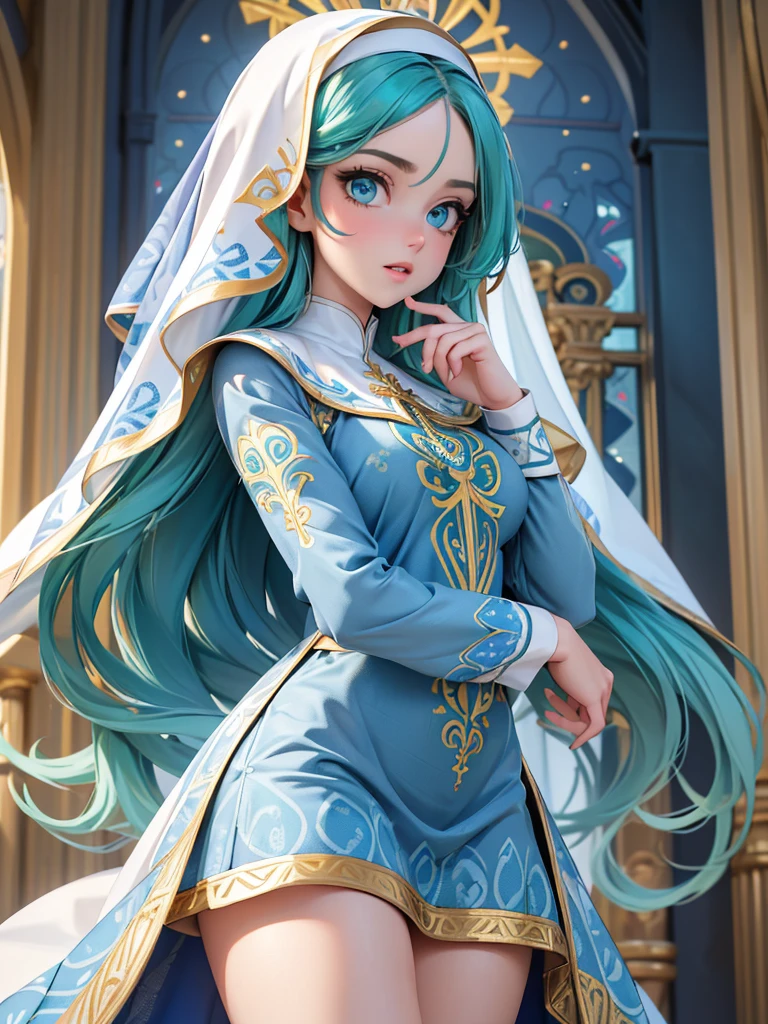 (best quality,4K,8K,high resolution,masterpiece:1.2),Super detailed,actual,Beautiful and delicate blue-green eyes,Beautiful and delicate lips,extremely detailed face,super long hair,1 girl,Beautiful rainbow hair girl,Wearing dark blue and white nun costume,(Gorgeous gold pattern decoration),(complex pattern:1.4), Lovely,attractive,church, portrait, delicate eyes