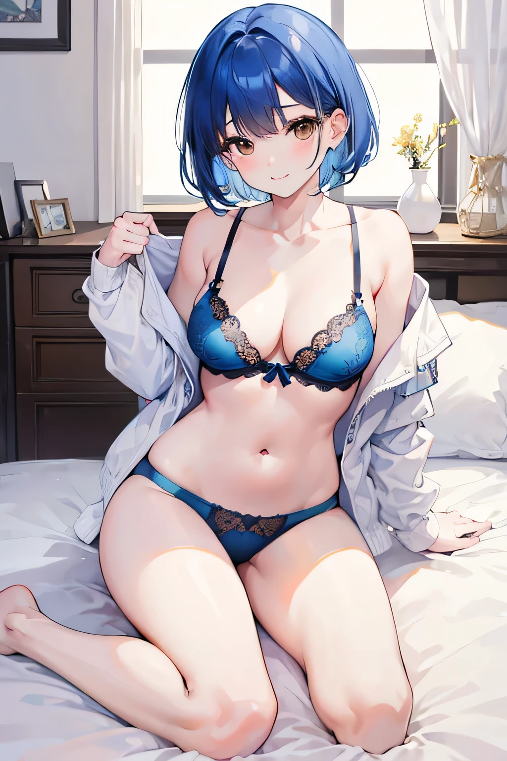 masterpiece, highest quality, High resolution, brown eyes、smile、In underwear、on the bed、Bedroom、Blissful expression、short hair,blue hair, white skin、thick legs、,embarrassing,