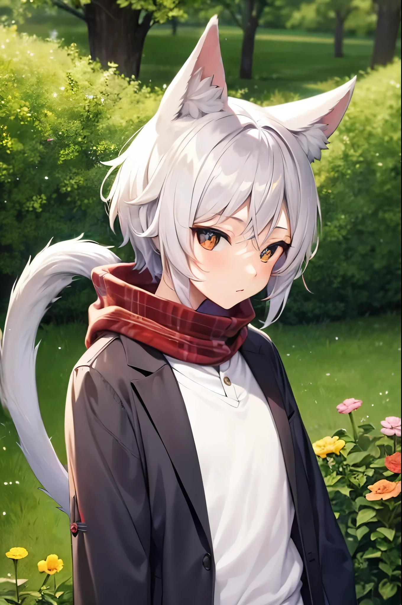 masterpiece, highres, boy, young, , white hair, medium hair, pixie_cut, cat ears, brown eyes, blue polo, white scarf, forest, cat tail, ((no human ear)), bangs tied in a bun, gray spots on ears and tail