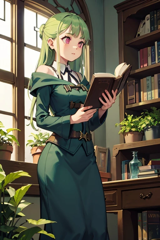 a light green haired female witch with pink eyes with an hourglass figure wearing a Victorian dress is reading a gardening book in a dorm