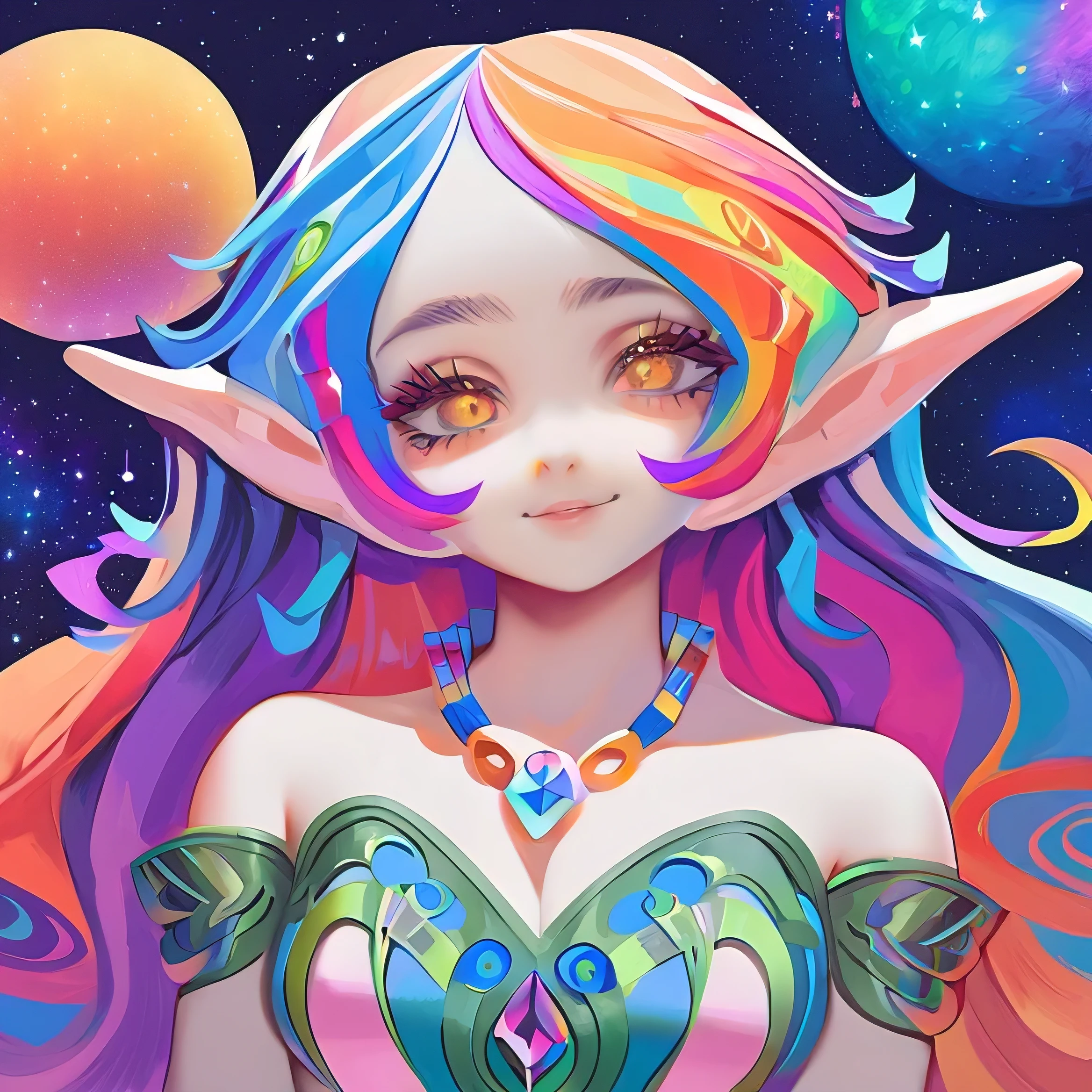 Close-up of a woman with colorful hair and necklace, anime girl with space hair, soft vitality Rossdraws, work in Gouves style, fantasy art style, colorful], bright fantasy style, Ross draws a cartoon full of vitality, universe and colorful, Gouvez, colorful digital fantasy art, amazing art style, beautiful anime style, White skin, Hulk clothes