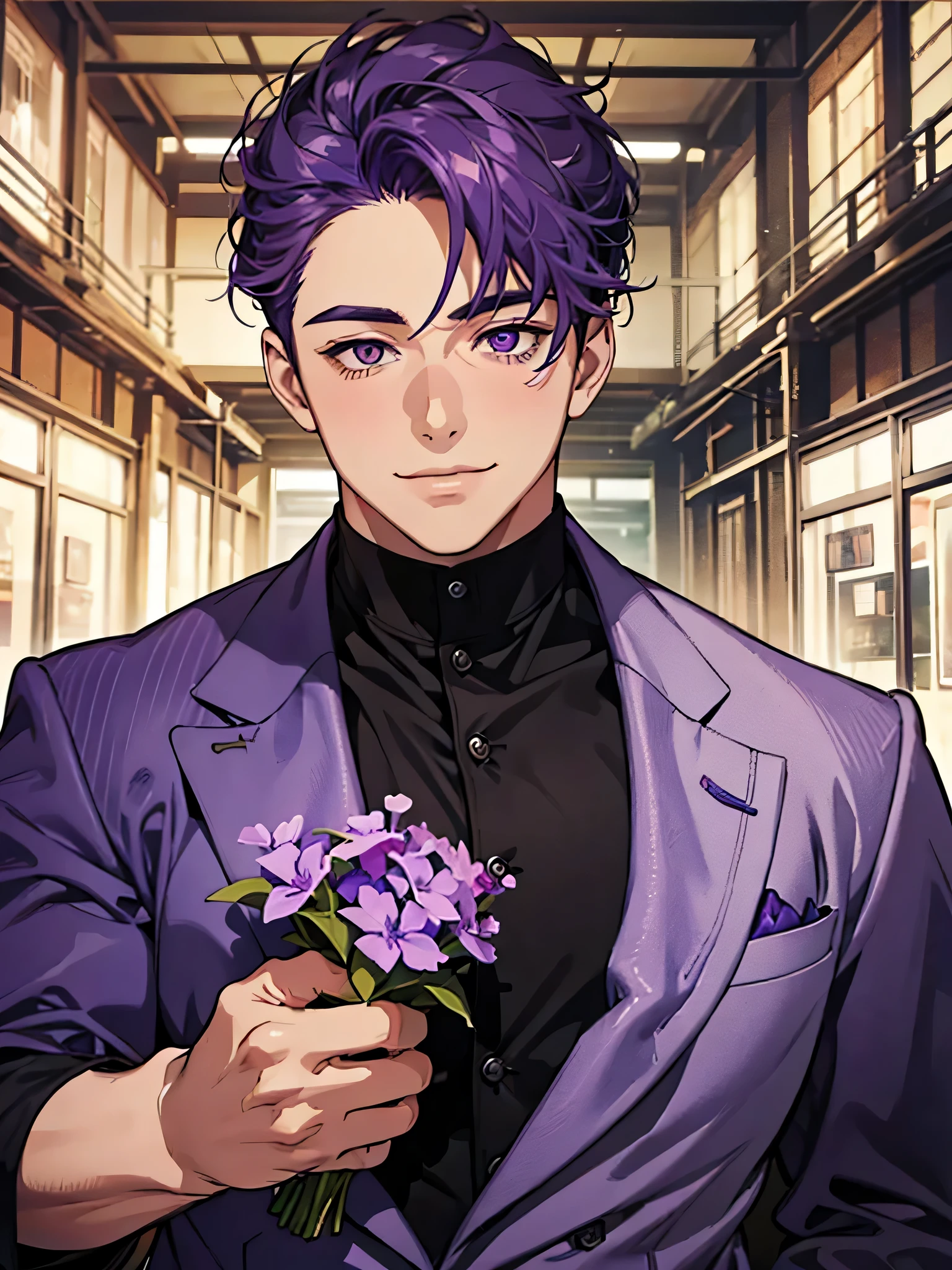There is a handsome chubby boy looking at the camera. He is smilling. He has purple eyes. He has purple hair. He is wearig a purple jacket. He is holding a violet bouquet.